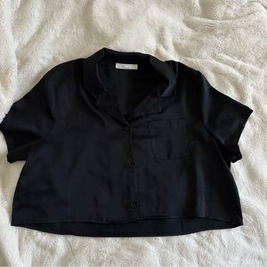 Oak and Fort Black Satin Button Down Short Sleeve Cropped size S